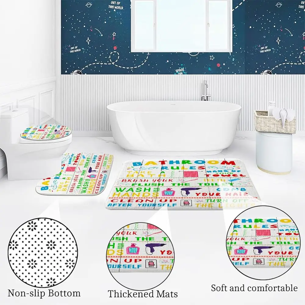 4-Piece Kids Shower Curtain Set with Fun Bathroom Rugs and Accessories, Colorful Bathroom Rules Lid Cover and Mat, Includes 12 H
