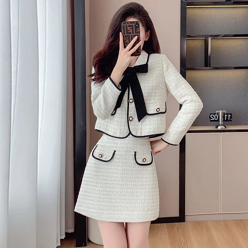 

Autumn Winter Vintage Elegant 2 Piece Set Woman Bow Design High Street Harajuku Sets Female Button Korea Fashion Casual Clothing