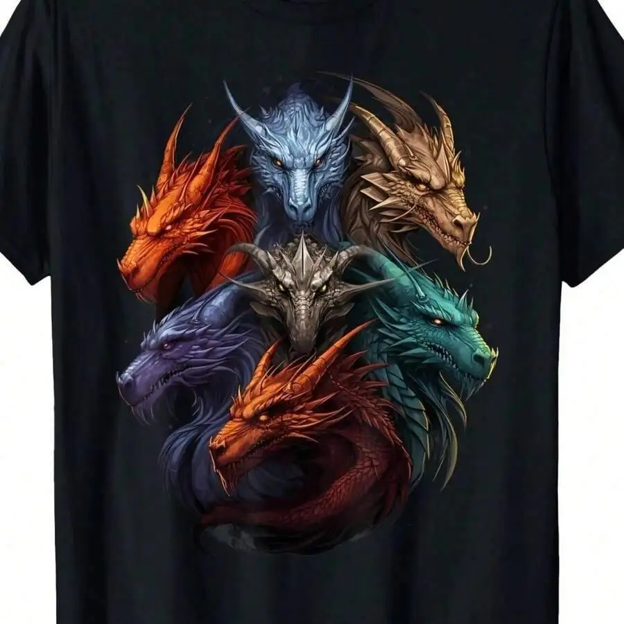 Men's Black Red, Blue, Purple Gold Dragon Pattern T-Shirt Regular Fit Top Suitable For Fantasy Games And Role-Playing - 100%