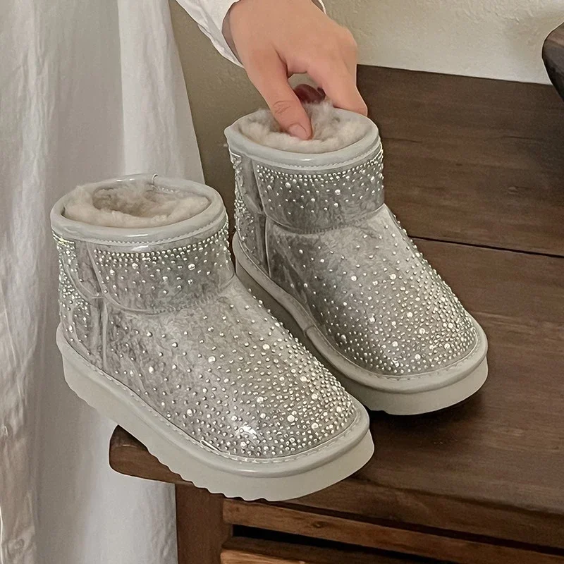 Little Girls Sparkly Rhinestone Winter Snow Boots, Thick Fleece Lined Pull‑On Platform Ankle Boots