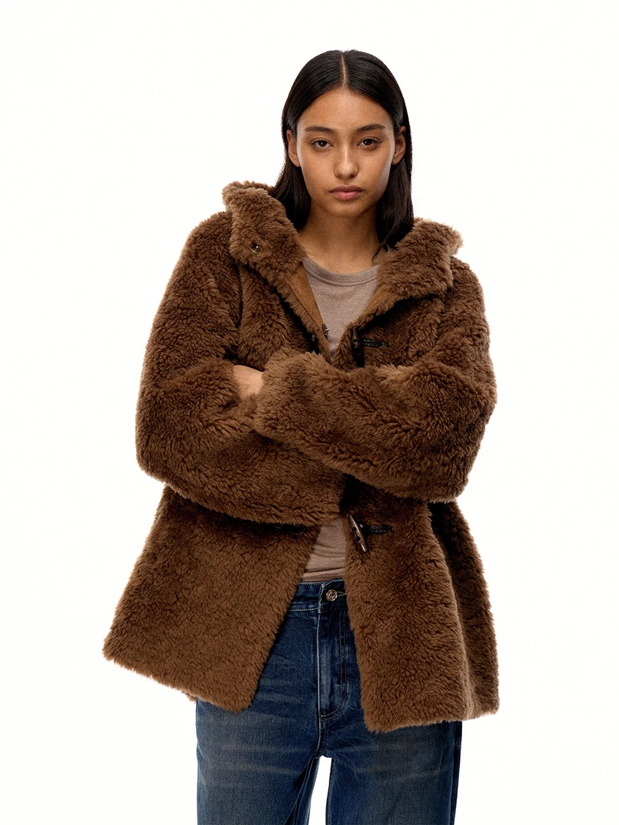 Elegant Women Winter Fluffy Hooded Coat Faux Fur Toggle Button Mid Length Jacket with Pockets Cream