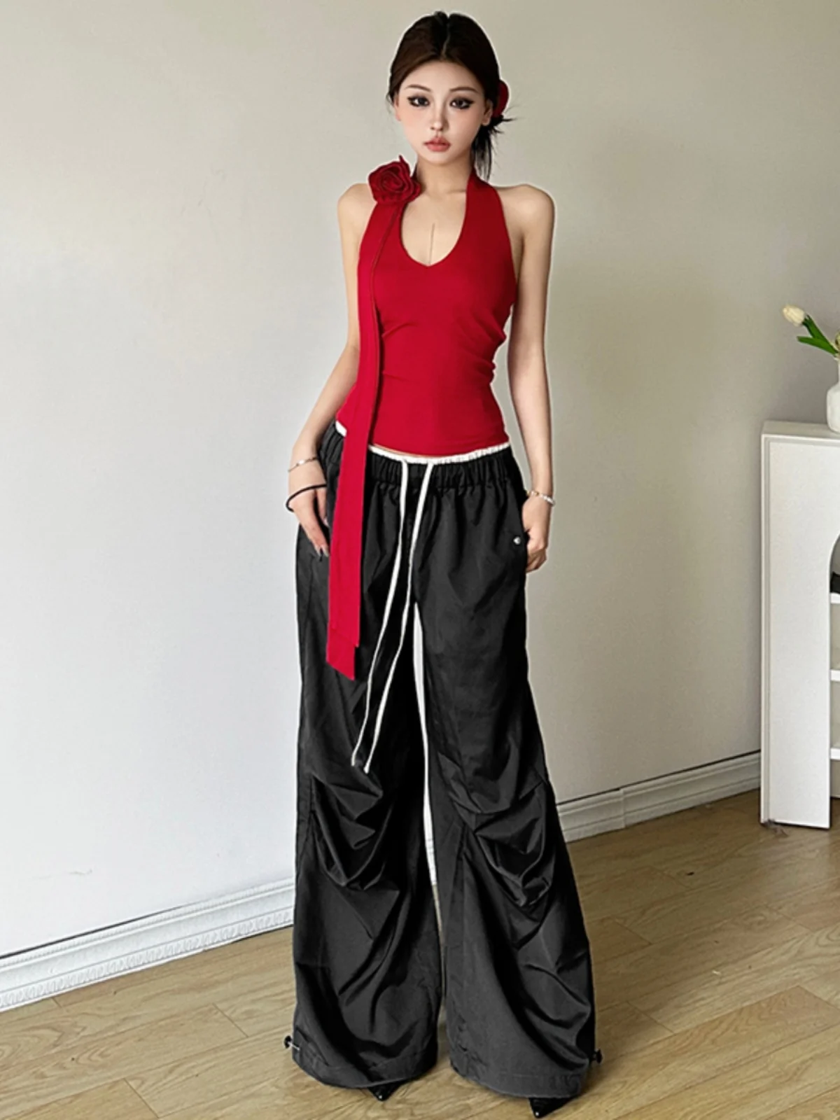 

SylCue Spicy Girl Sle Women's Casual V-ne Two-piece Set Floral 3D Print Slim-fit Neline Wide-leg Pants Trendy