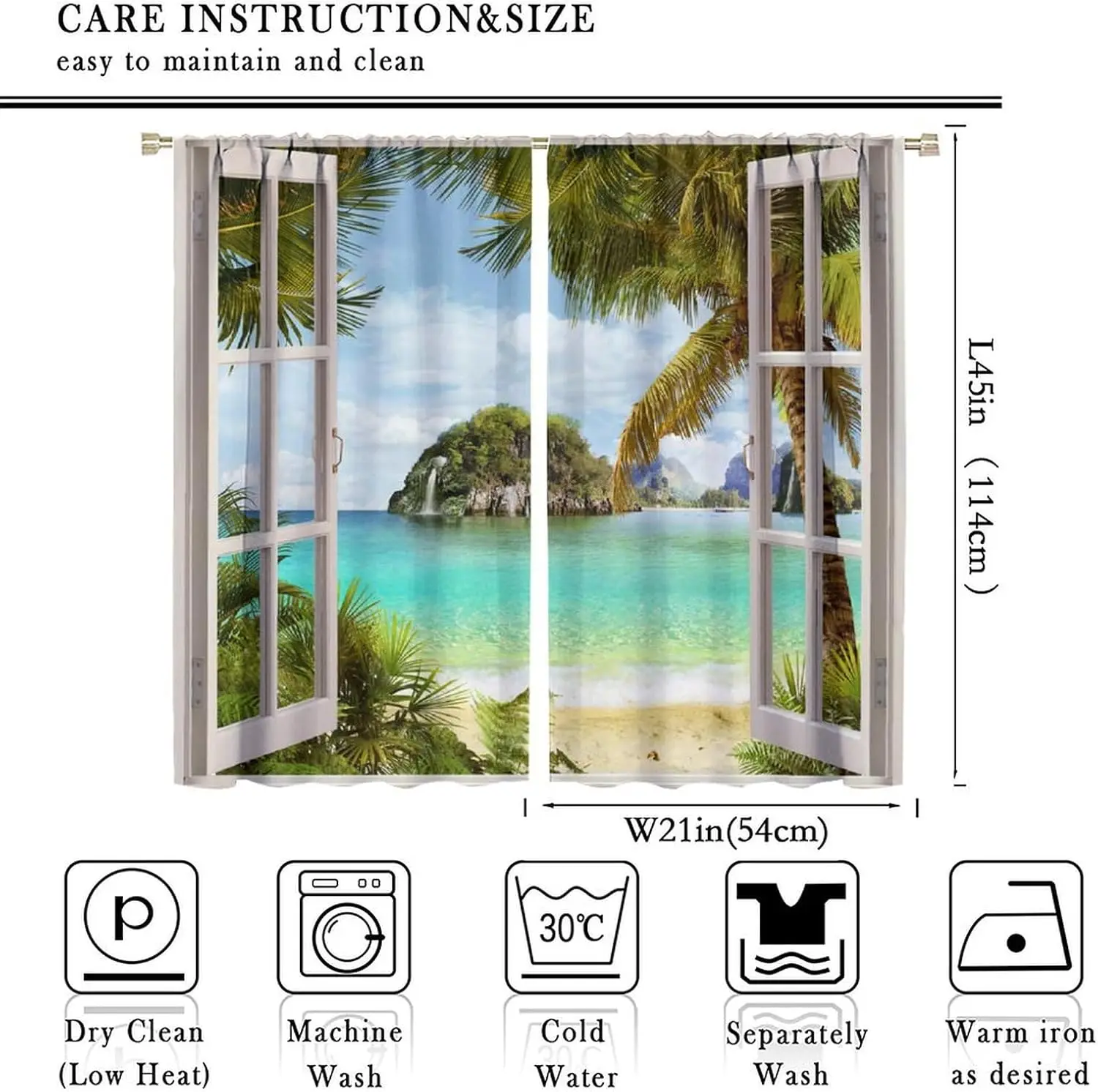 Tropical Beach Waterfall Scene Curtains Pair Ocean Paradise Window Curtains Set Living Room Bedroom Decor Panels 2pcs