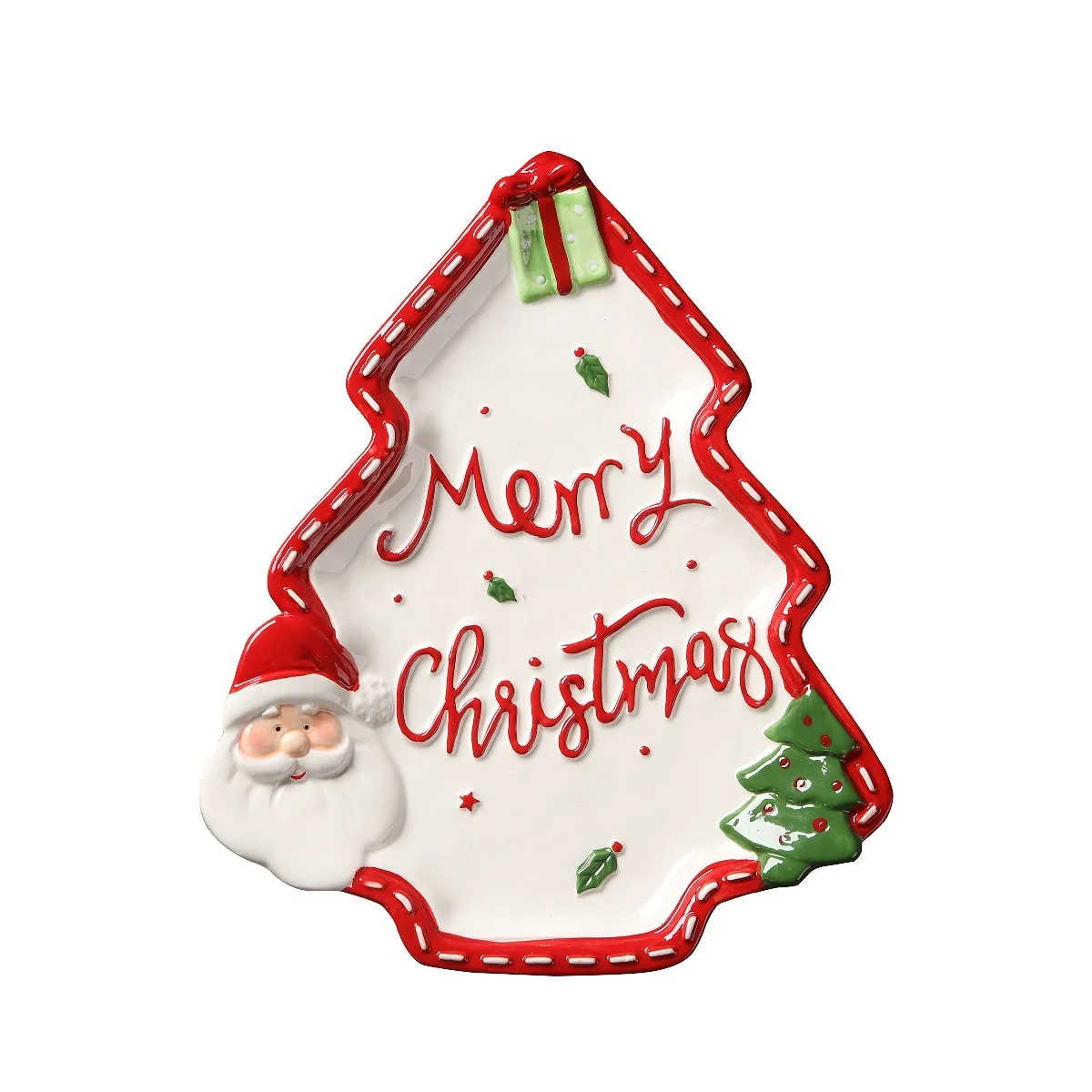 Christmas Tree Ceramic Dessert Set, 3D Santa Claus Relief Snack Appetizer Bowl Tray for Holiday Party, Xmas Tableware