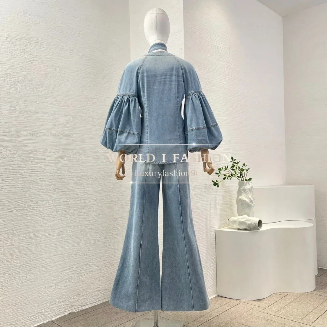 

2025 New Collection Sky Blue Denim Jeans Long Sleeve V Neck Blouse Tops and Pants Set