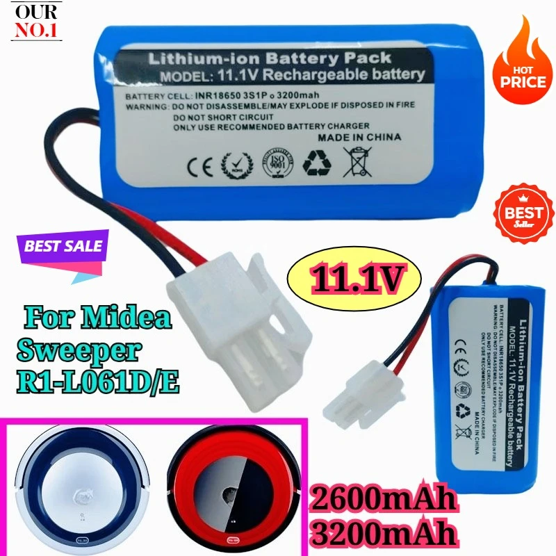 

18650 3S1P 11.1V 10.8V 2600mAh/ 3200mAh Rechargeable Li-ion Battery Pack for Midea Sweeper R1-L061D/E