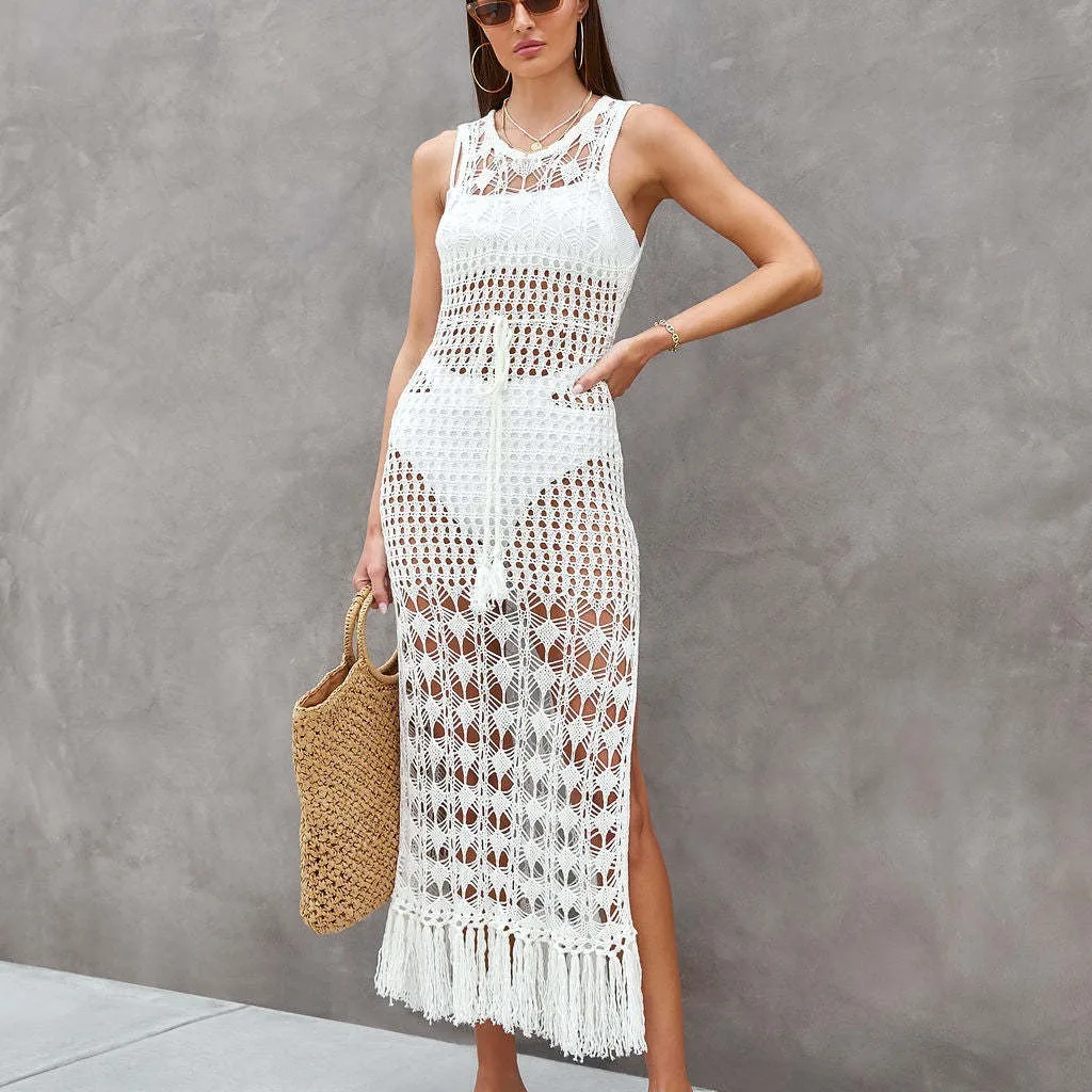 Casual Vacation Sexy Backless Hollow Beach Dress Fashionable Solid Loose Split Cardigan Round Neck Sleeveless Knitted Long Skirt