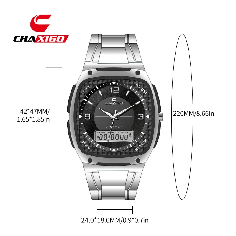 

CHAXIGO 6137, модные квадратные мужские электронные кварцевые часы с двойным дисплеем и светящимися водонепроницаемыми часами для мужчин, Reloj Hombre