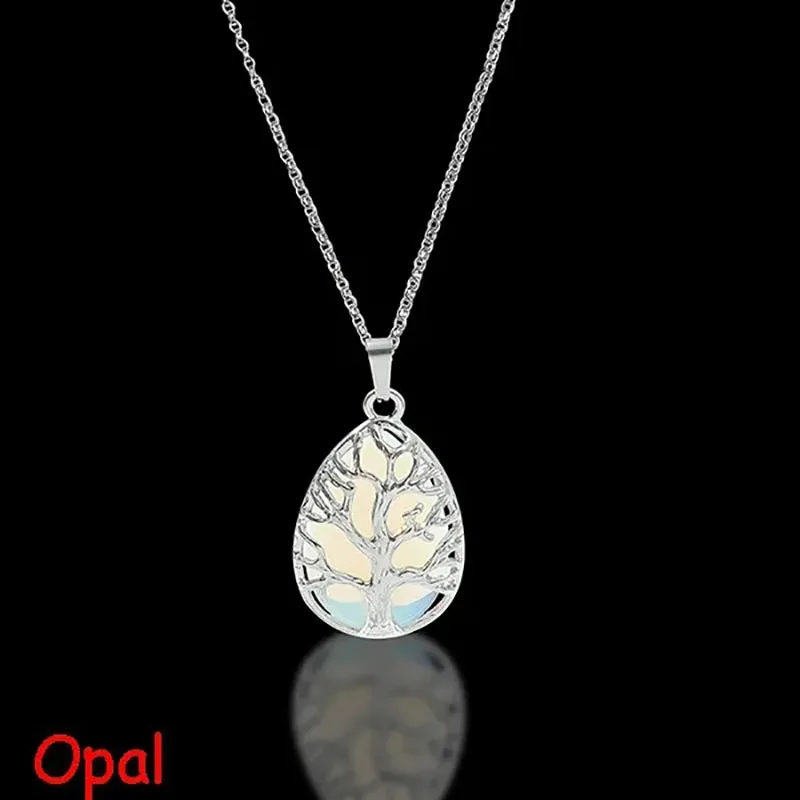 Tree of Life Natural Gemtone Crystal Amethyst Rose Quartz Tiger Eye Stone Water Drop Pendant Necklace for Women Men Jewelry