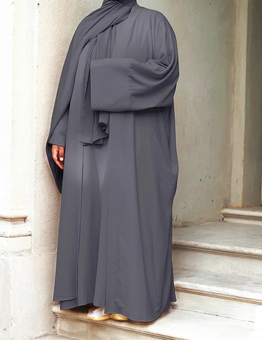 2 Piece Women Muslim Maxi Abaya Dress Loose Long Sleeves Soild Color Dubai Turkey Islam Clothes Caftan Robe Modest Gown Elegance