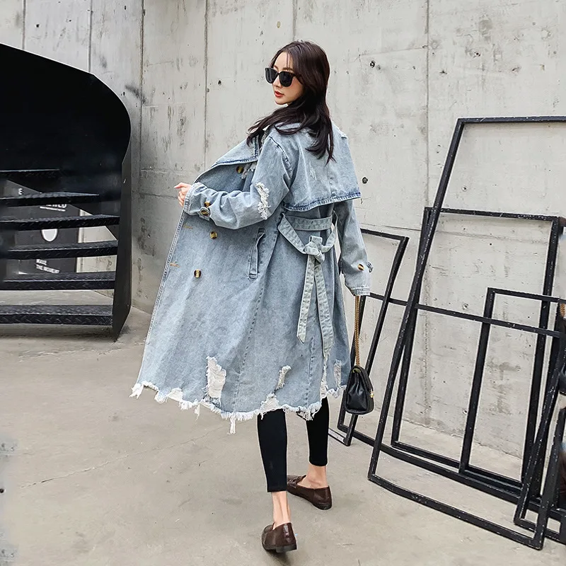 Vintage Hellblau Ausgefranste Loch Denim Trenchcoat Mit Gürtel Frühjahr Neue Lose Beiläufige Revers Mid-länge Frauen Windjacke mantel