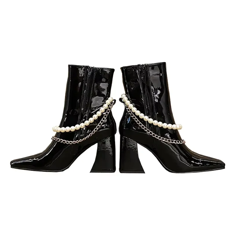 Patent Leather Square Toe Pearls Metal Chain Knee-High Women Boots Chunky High Heels Side Zipper Design Large Size Shoes