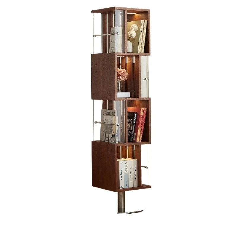 Rotating bookshelf, medieval style with ambient light display solid wood magazine shelf, floor-to-ceiling retro