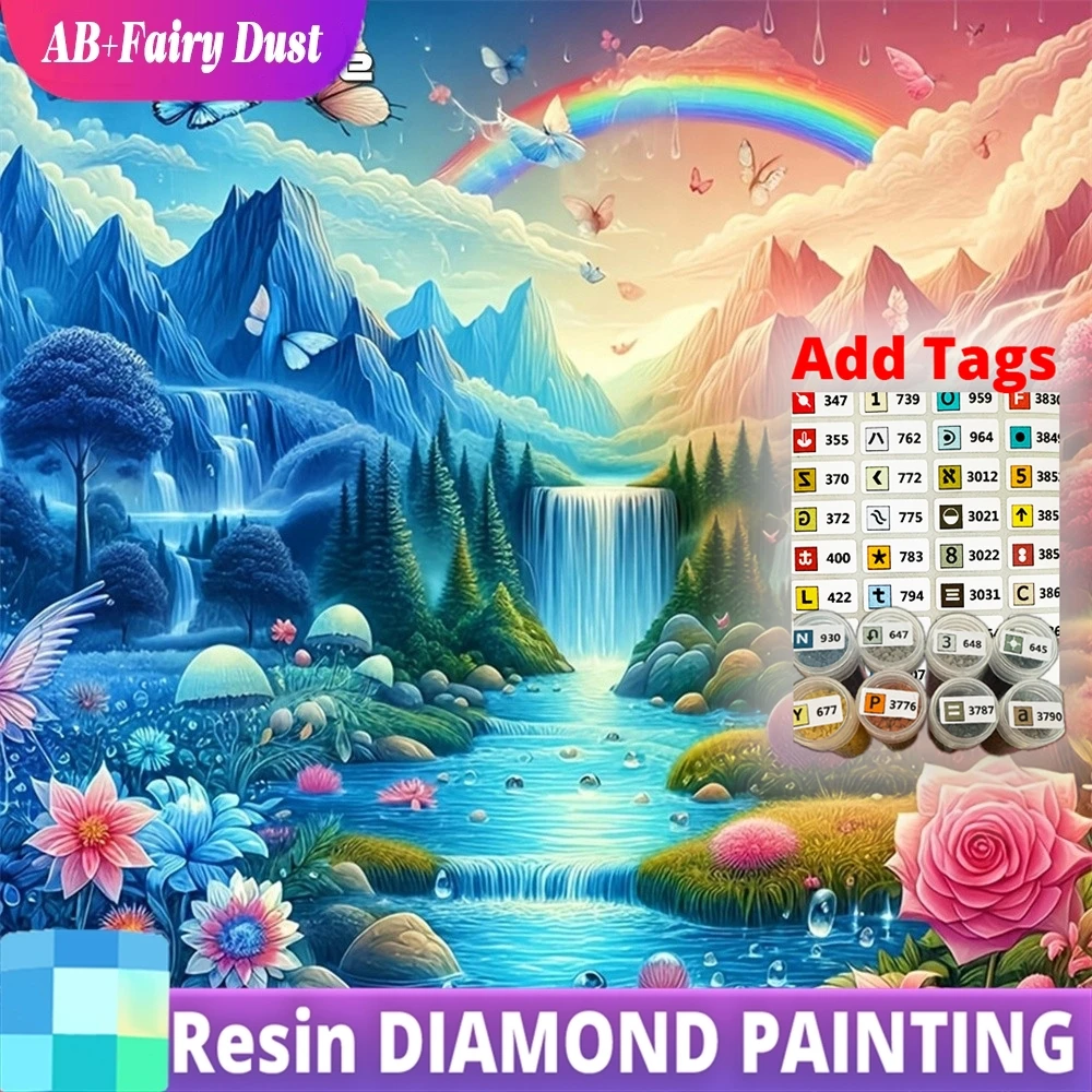

Алмазная вышивка Resin Fairy Dust AB 5D DIY: Картина «Водопадный пейзаж» с горным узором для взрослых и начинающих, мозаика с цветами