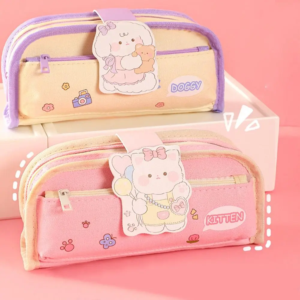 Cartoon Pet Pattern Desktop Storage Pouch Large Capacity Multi-layer Pencil Holder Korean Style Canvas Pencil Pouch