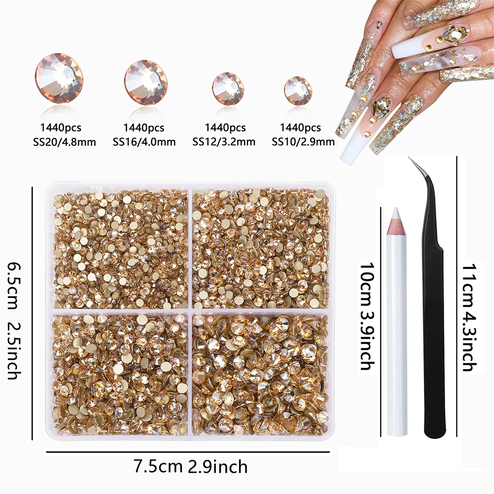 3800Pcs Gold Rhinestones Nail Gemstones Crystals,Champagne Rhinestones Face Jewelry With Crayon Tweezers