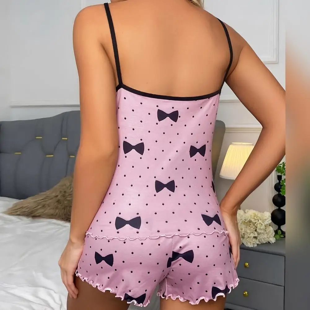 Women Elastic Waist Home Set Women's Bow Heart Print Pajama Set with Shirring Sleeveless Top Elastic Waist Shorts for Ladies