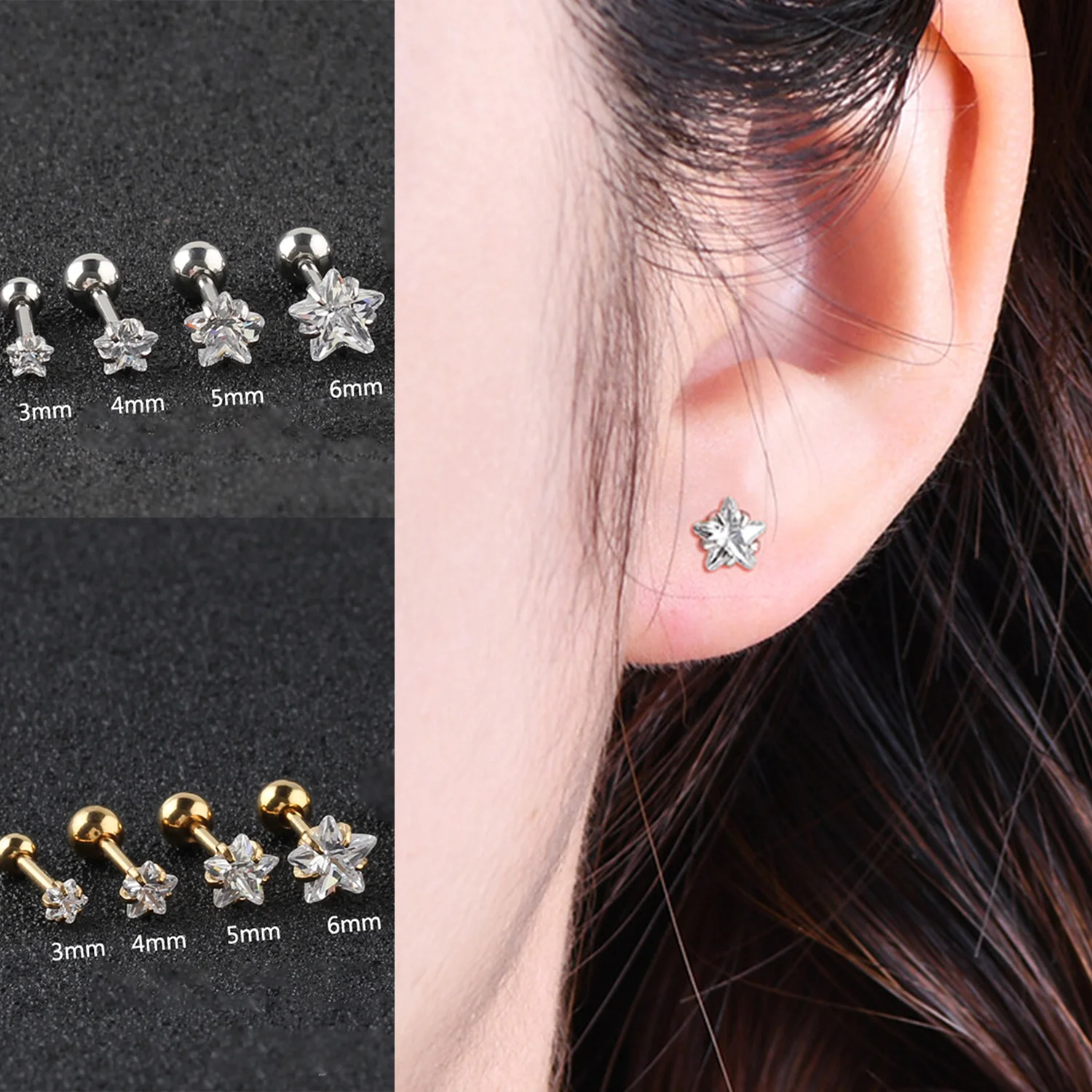 1PC Gold Color Titanium Steel Needle Ear Stud Five-pointed Star Zircon Stud Earrings Piercing For Women Men Party Size 3/4/5/6mm