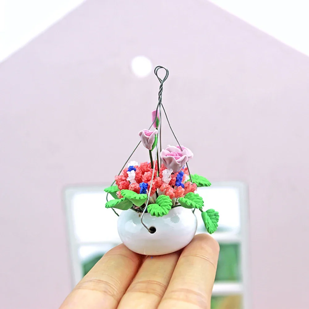 1/12 Doll House Miniature Rose Green Potted Plant Simulation Hanging Flower Model Toy for Mini Decoration Dollhouse Accessories