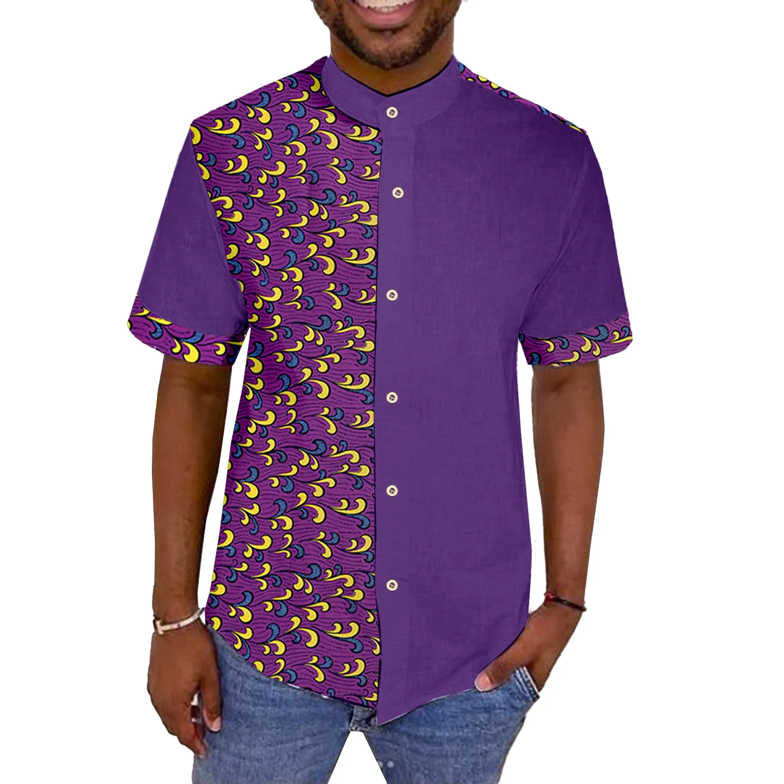 

SEA&ALP African Shirt For Men Nigerian Traditional Pattern Printed Dashiki Button Short Sleeve Top Shirt