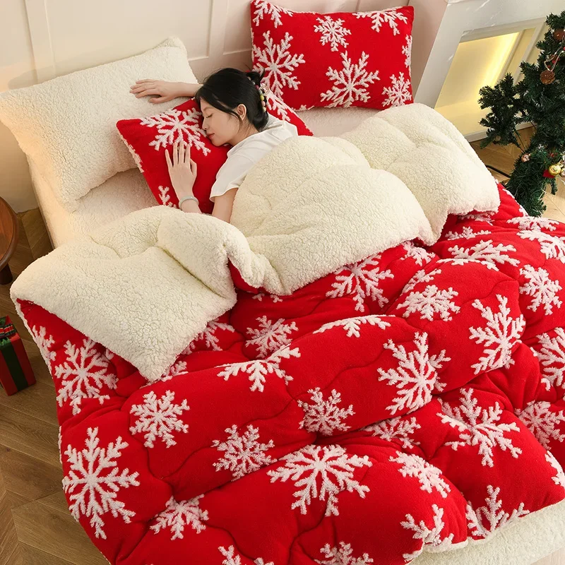 Christmas Style Thick Winter Blanket for Bed Soft Warm Snowflake Fleece Comforter Double Size Faux Lambswool Sleeping Blankets