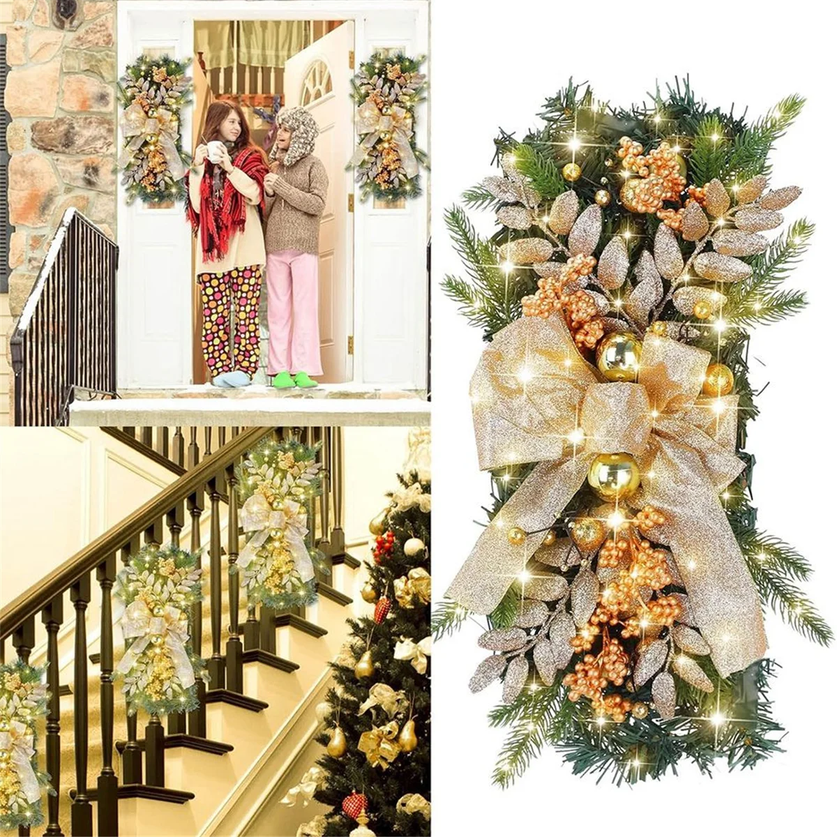 Cordless Prelit Stairway Christmas Swag, Christmas Wreaths for Front Door, Hanging Ornaments for Indoor Outdoor Gold