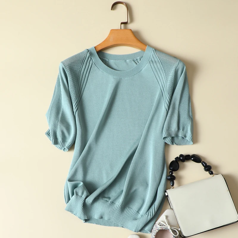 

Women's Monochromatic Knitted O-Neck T-Shirt, Short-Sleeved, Loose, Slim, Elegant, Office Lady Pulls, Outwear Tops, Summer, New