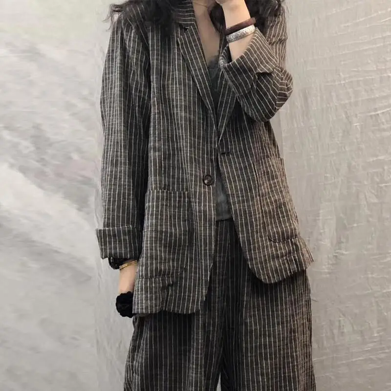 Spring Autumn New Vintage Striped Women\'s Set V-neck Button Pockets Cardigan + Elastic Waist Loose Cotton Hemp Straight Pants