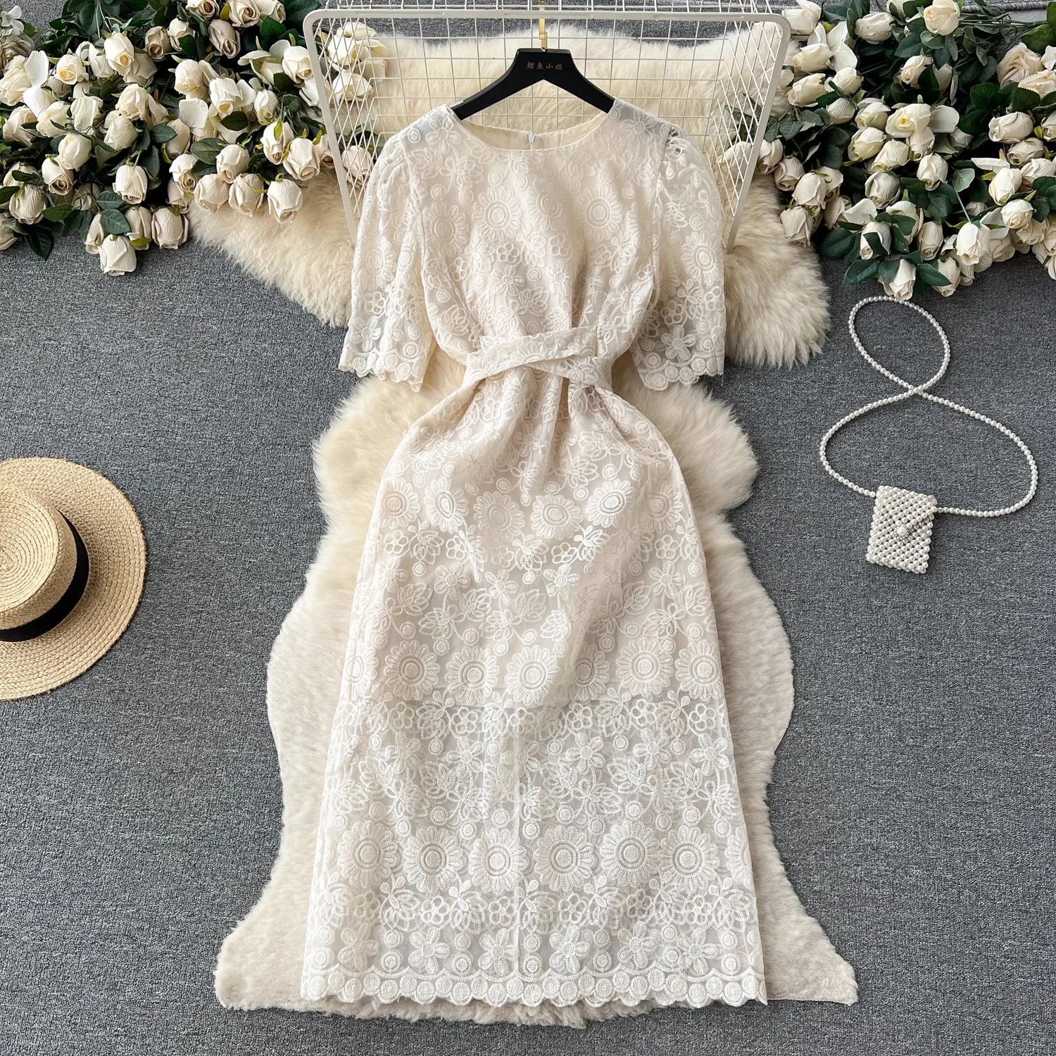 France Elegant Summer White Lace Midi Dress New High Quality Women O Neck  Embroidery Flower Mesh Lace Up Office Ladies Vestidos - AliExpress 200000345