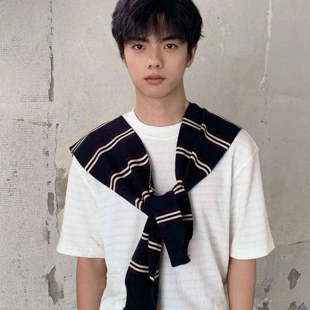 

Simple Classic Men Knitted Shawl Wraps Cloak Stripe Scarf Korean Style Knotted Fake Collar Wraps Blouse