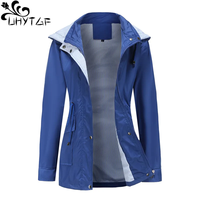 

UHYTGF Womens Waterproof Coats Spring Autumn Trench Coat Female Loose Detachable Hood Thin Overcoat Women Windbreak Outwear 2645