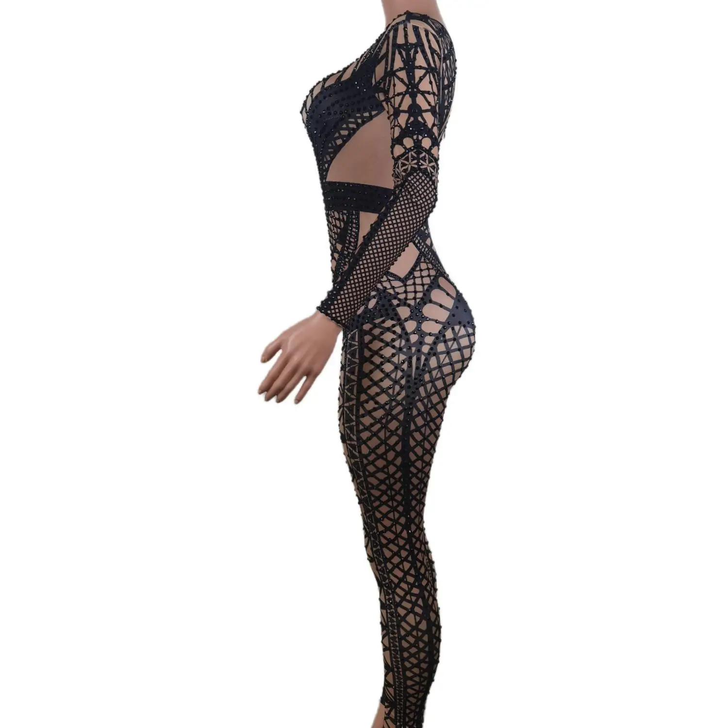 Sexy Jumpsuit Women Black Long Sleeve Print Costume Crystal Nightclub Dance Outfit Party Pole Stage Performance Wear Heisanjiao