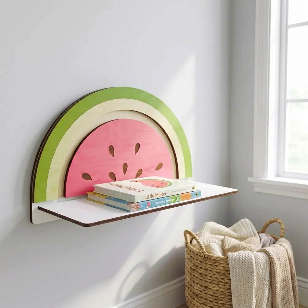 Watermelon Crown Shape Wooden Storage Shelf Rainbow Shape Creative Design Floating Display Rack Wall Mounted Fruit Crown Shape
