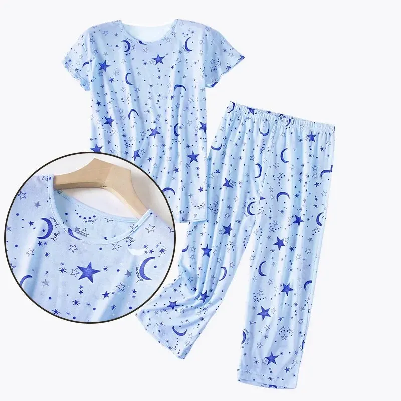Ladies Casual Home Printed Pajama Set Short Sleeve Top Long Pants Casual Fun Printed Pajama Set