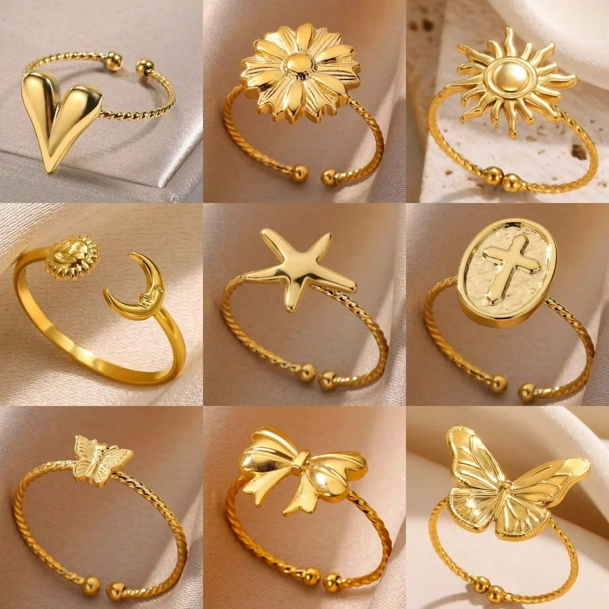 

Heart Stainless Steel Rings For Women Gold Color Starfish Bowknot Adjustable Waterproof Ring Sunflower Aesthetic Jewerly Gift