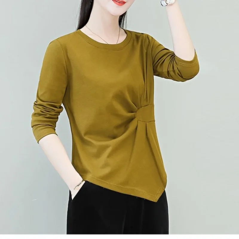 Round Neck Pullover Top Spring Autumn 2024 New Style Age Reduction Slim All-match Solid Color Long Sleeve Folds Women's T-shirt