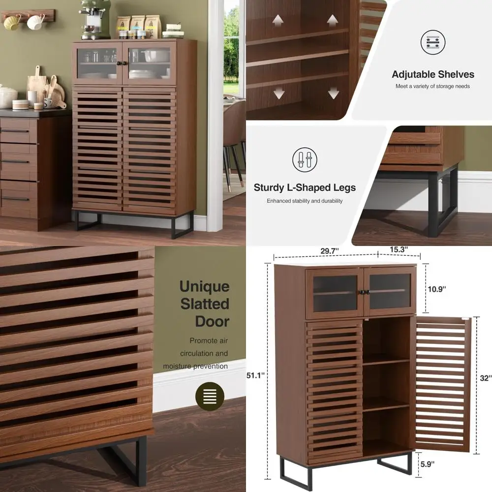 خزانة بوفيه جانبية بطول 51 بوصة مع مساحة تخزين، وخزانة حديثة لمنتصف القرن مع بابين مخططة شبكية ورفوف قابلة للتعديل، ج #1