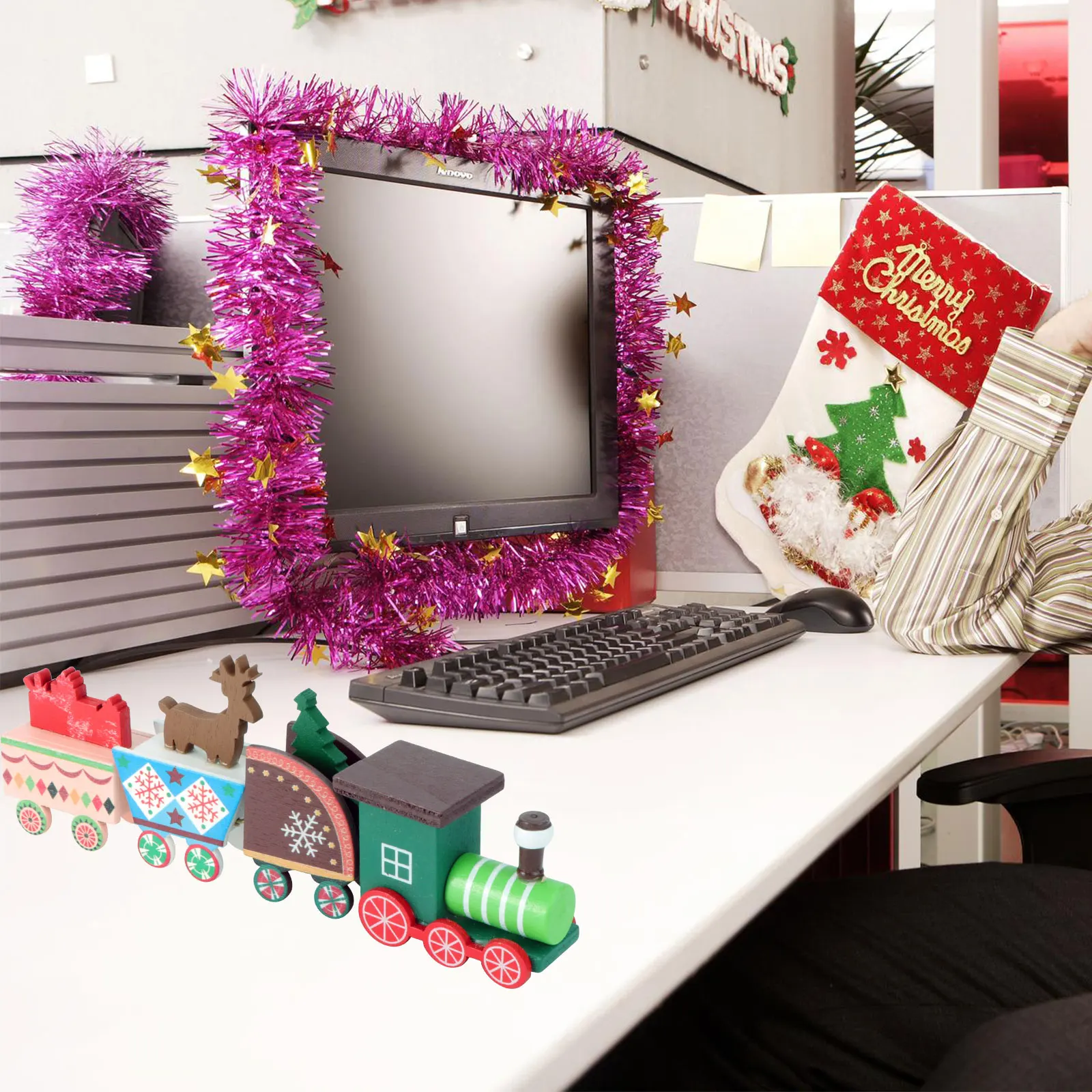 

2Pcs Desktop Train Decoration Festive Wooden Train for Christmas Home Display Sturdy Metal Hook Connection Kids Gift