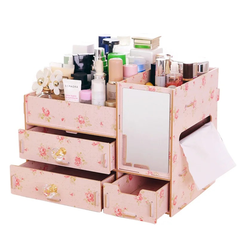 Wooden Jewelry Box Large Skin Care Products Cosmetics Drawer Type Desktop Storage Box Multifunctional Display Stand