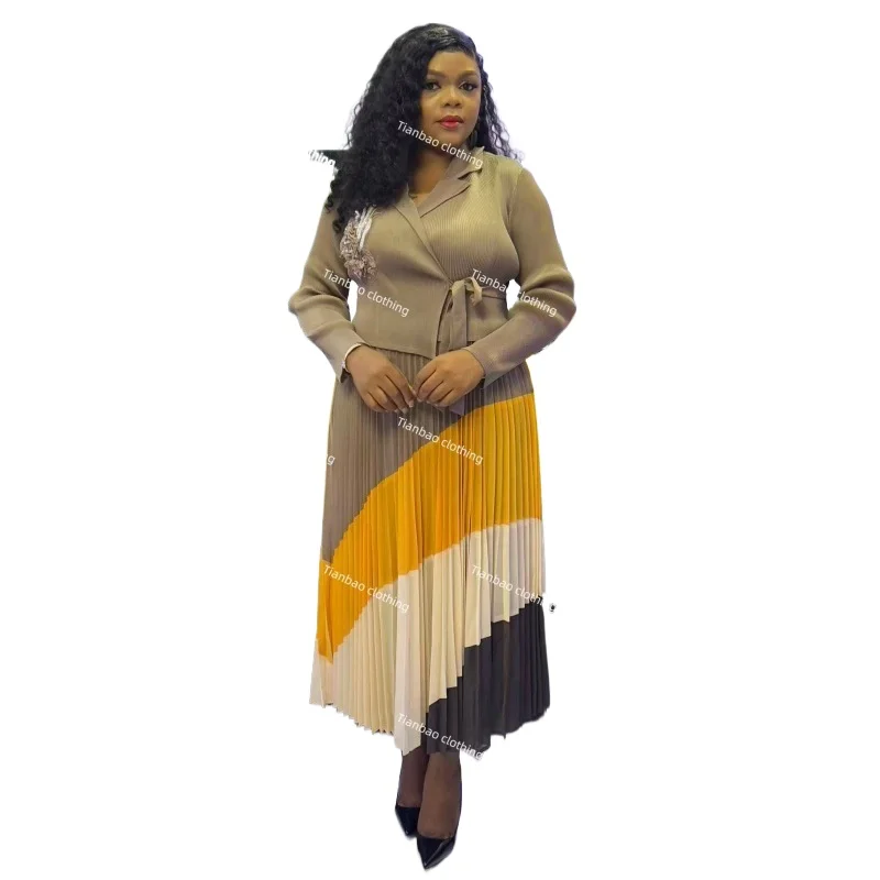 

Miyake Pleated Dress for Women 2025 New Color Block Applique Lace Suit Collar Long Sleeve Large Size Elegant Pleated Skirt