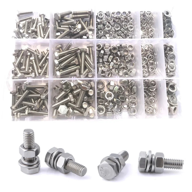 

510pcs/set External Hex Bolt Flat Washer with Nut Elastic Gasket 304 Stainless Steel M4 M5 M6 Out Hexagon Head Screw Nut Bicycle