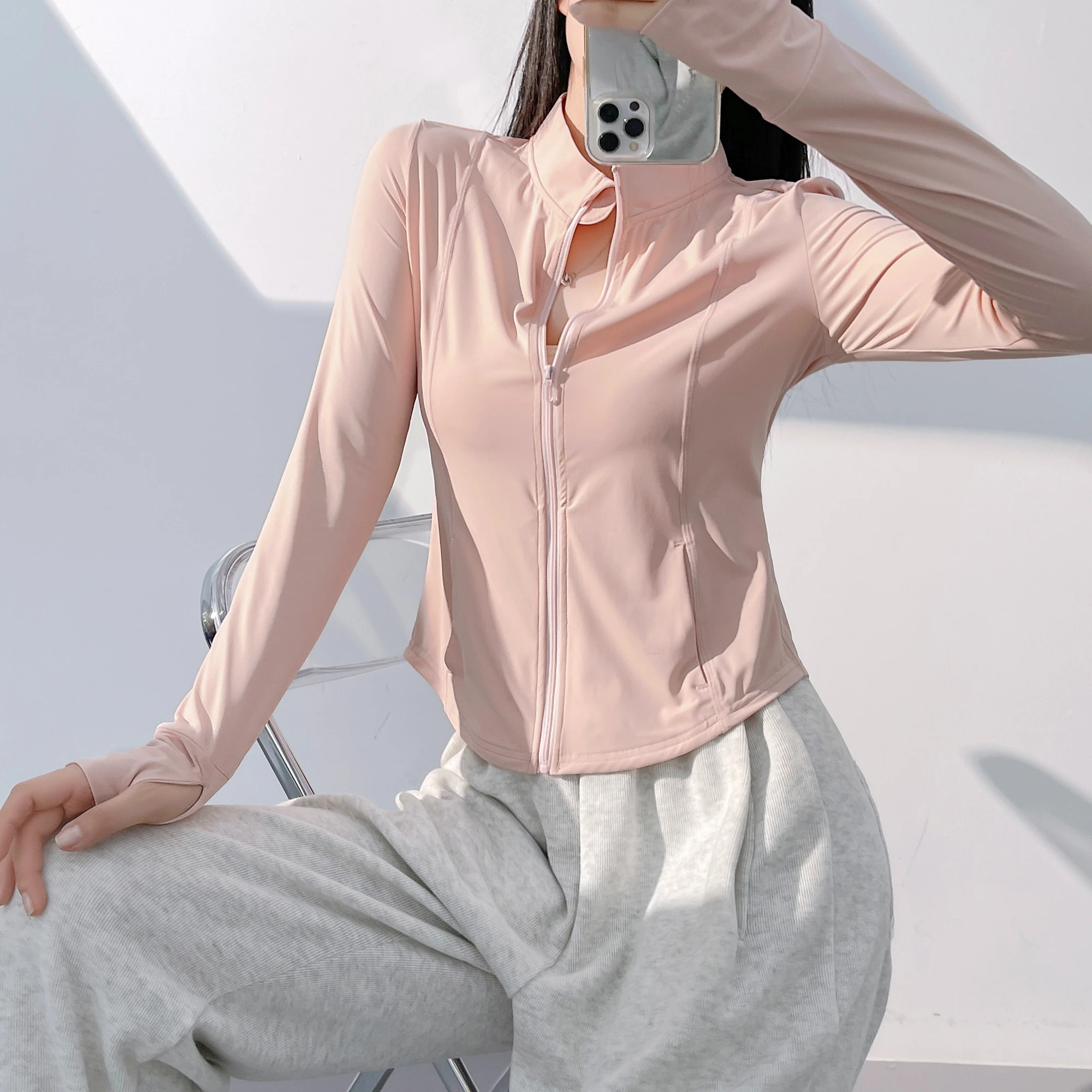 New UV-Protective Cardigan for Women UPF 50+ Jacket Zip-Up Outerwear Breathable Slim-Fit Stand-Up Collar Yoga Wear with Pockets