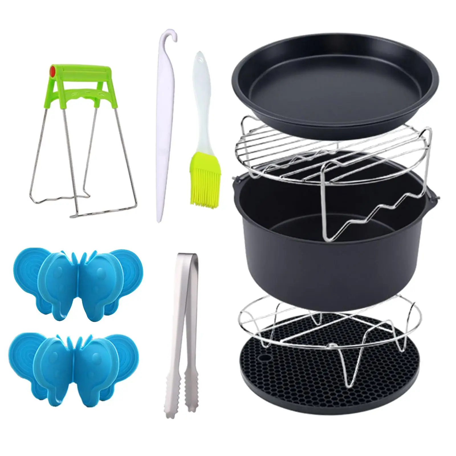 Carbon Steel Air Fryer Cookware Set of 10 Pizza Pan Cake Basket Non Stick Grill Tray for Electric Deep Fryer Oven 3.