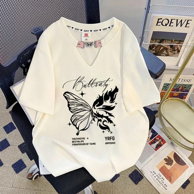 V-neck Leather Buckle Short-sleeved T-shirt Women's 2025 Summer Korean Style Sweet Loose Printed Chic Versatile Top