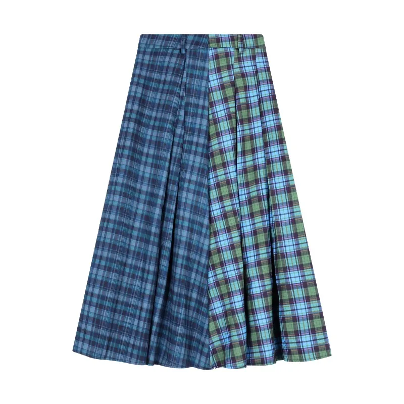 Spring and Summer Vintage Korean Retro High Street Low Waist Plaid Pleated Long Skirt Streetwear Fashion Skirt