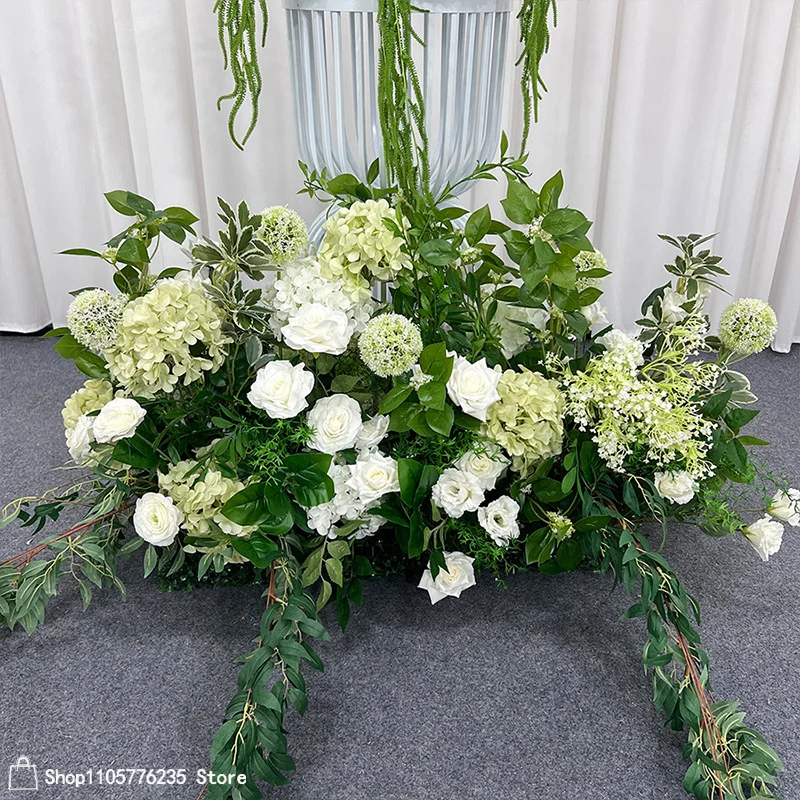Weiß-grünes künstliches Hochzeitsblumenarrangement aus Rosen und Hortensien, Bodenblumen-Centerpiece für Hochzeitsgang, Bühne, Party und Heimdekoration – Detail 3