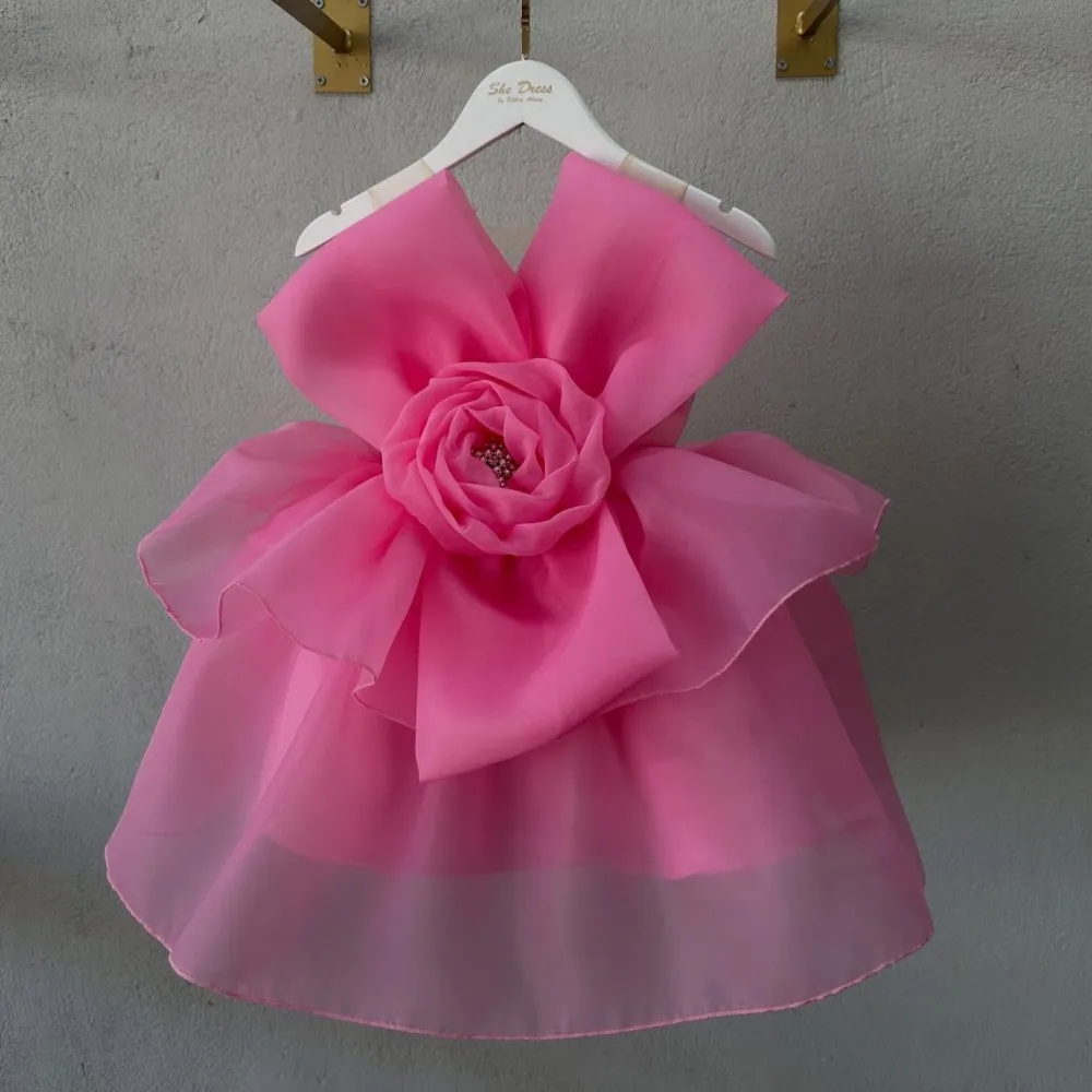 

2026 Fashion Pink Floral Girls' Party Wedding Princess Dress Elegant Organza Kids Formal Special Occasion Tutu Dress For Girls