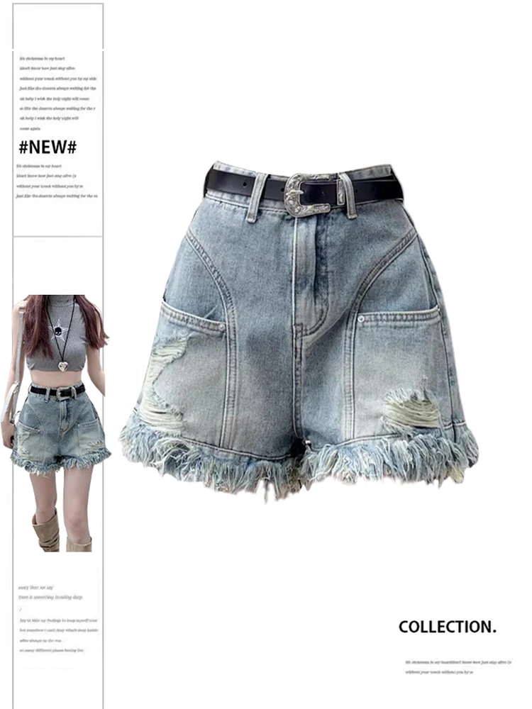 Dames oversize denim shorts vintage harajuku Y2k mini gescheurde jeans shorts streetwear kwastje cowboy korte broek jaren 2000 kleding