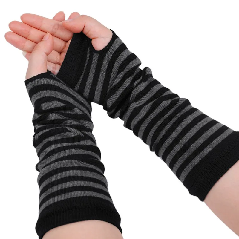 Punk Adjustable Fingerless Gloves Decorative Stripe Long Arm Glove Winter Warm Mittens Arm Warmer Sleeves Festival Accessories