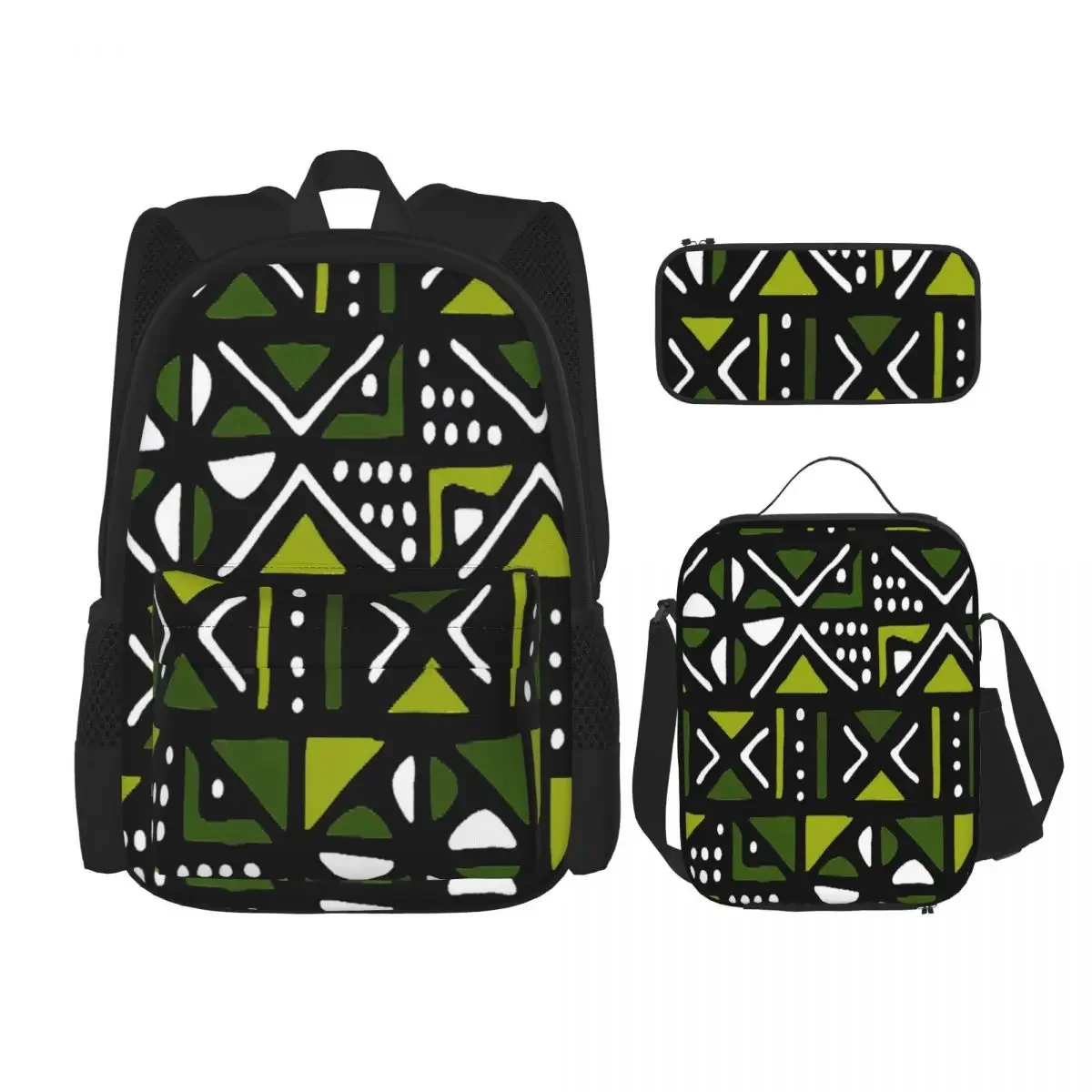 Mochila con estampado Tribal africano para estudiantes, morral escolar, bolsa de almuerzo, juego de tres piezas, color verde lima